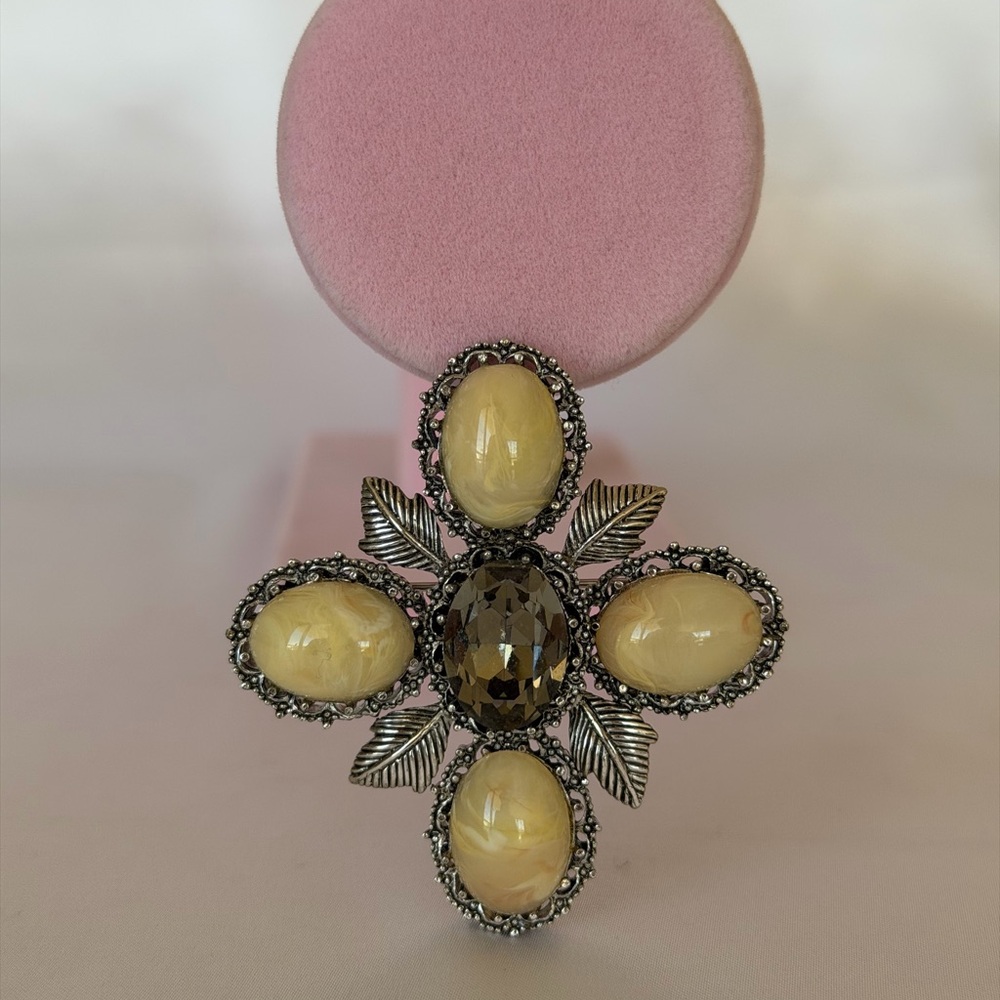 Vintage Signed CINER Maltese Cross Brooch with Iridescent Glass Cabochons